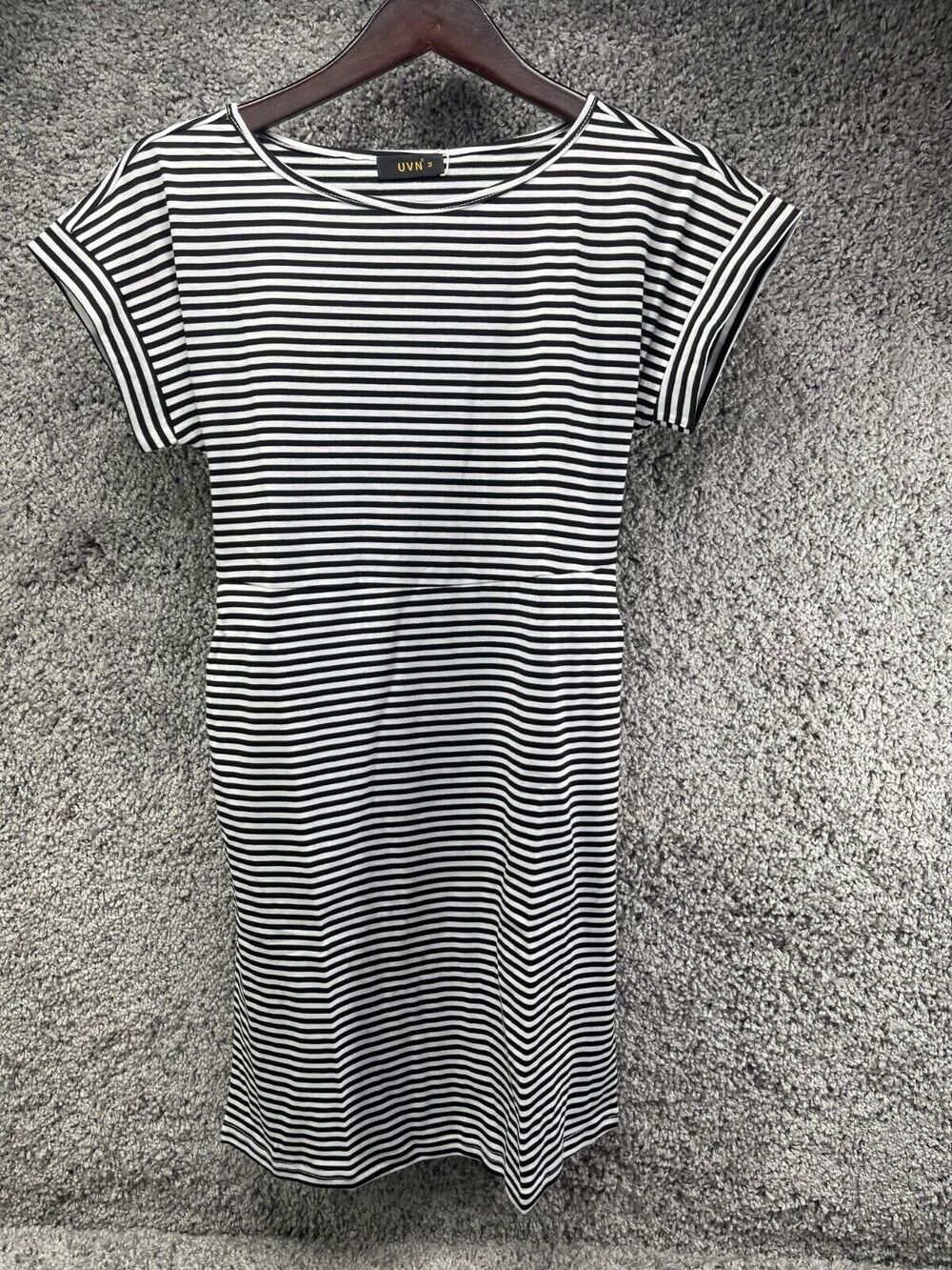 UVN Womens Black White Striped Mini Dress Short Sleeve Tie Waist Size M Net